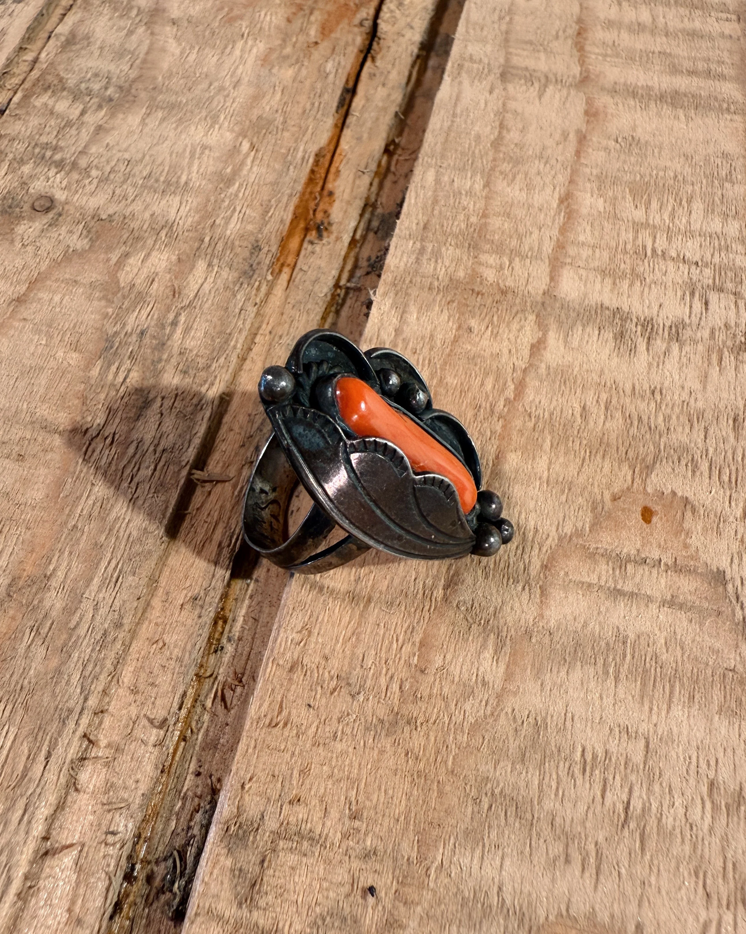 Sterling Silver Navajo Coral Ring - Image 5